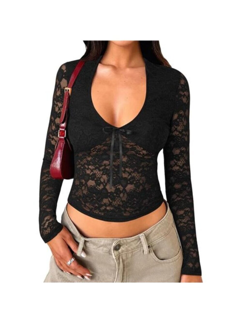 Womens Long Sleeve Going Out Tops Lace V Neck Mesh Crop Shirts Sexy Cute Y2K